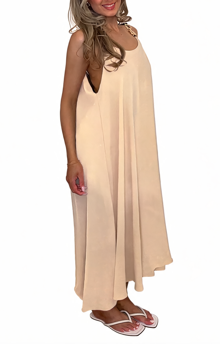 Buckle Strap Oversized Cami Maxi Dress - Beige