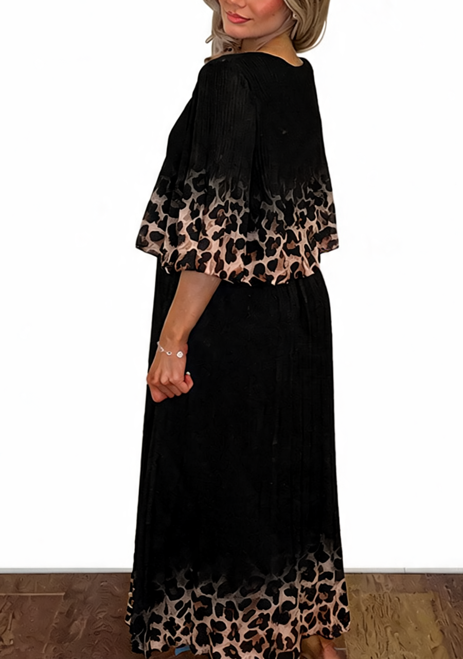 Leopard Print Border Pleated Maxi Dress - Black