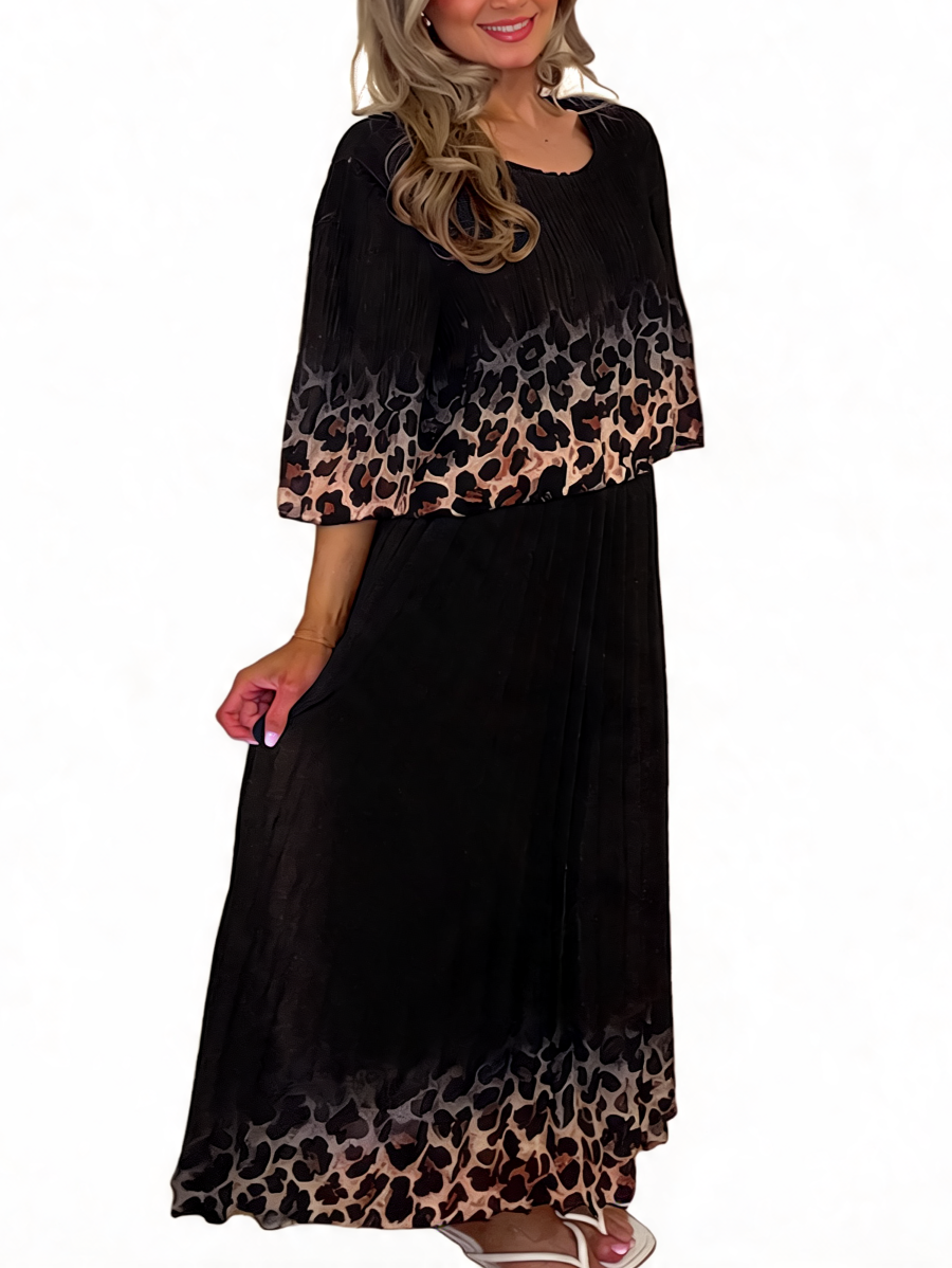 Leopard Print Border Pleated Maxi Dress - Black