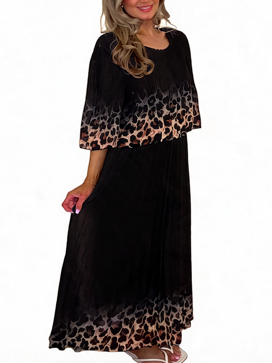 Leopard Print Border Pleated Maxi Dress - Black