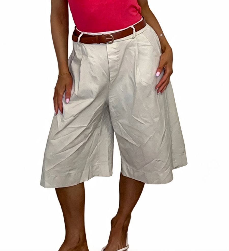 Solid High-Waist Belted Culottes Wide-Leg Bermuda Shorts - Beige