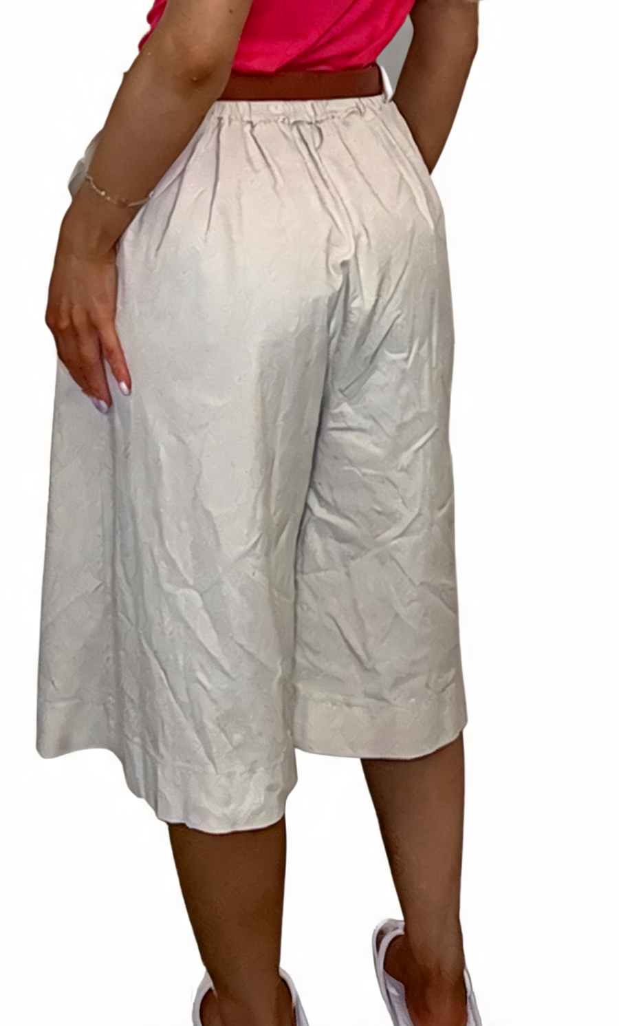 Solid High-Waist Belted Culottes Wide-Leg Bermuda Shorts - Beige