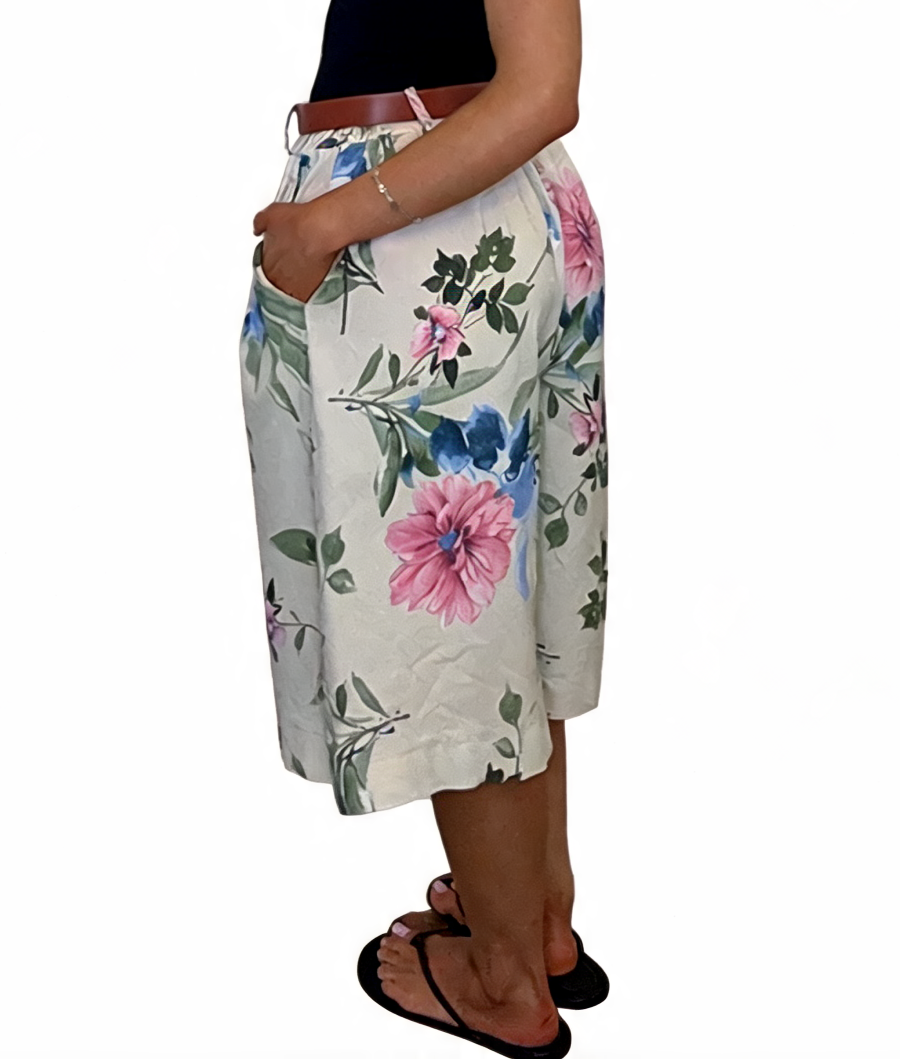 Floral Print High-Waist Belted Culottes Bohemian Wide-Leg Shorts with Pockets - Beige