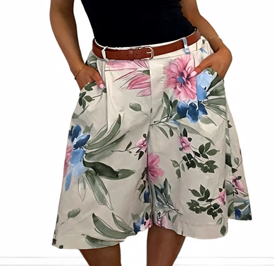 Floral Print High-Waist Belted Culottes Bohemian Wide-Leg Shorts with Pockets - Beige