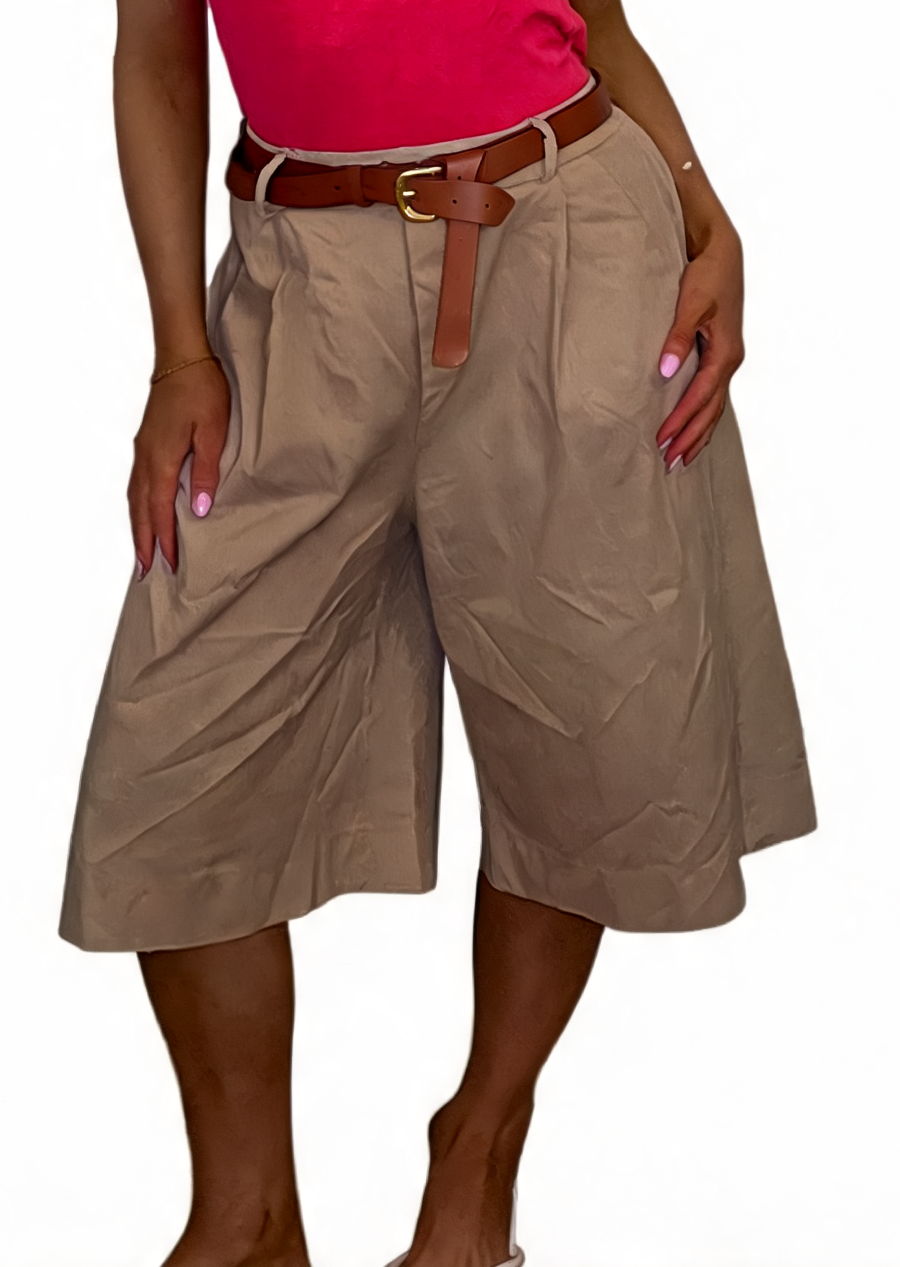 Solid High-Waist Belted Culottes Wide-Leg Bermuda Shorts - Taupe