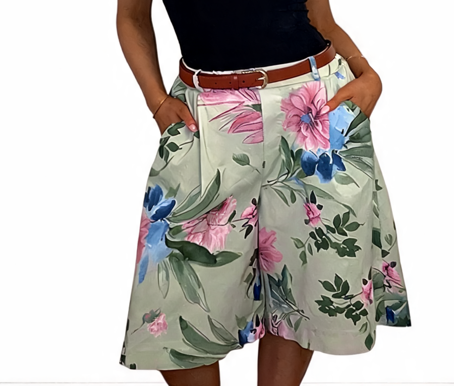 Floral Print High-Waist Belted Culottes Bohemian Wide-Leg Shorts with Pockets - Khaki