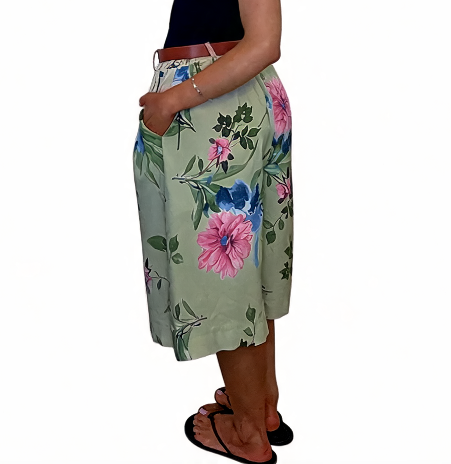 Floral Print High-Waist Belted Culottes Bohemian Wide-Leg Shorts with Pockets - Khaki