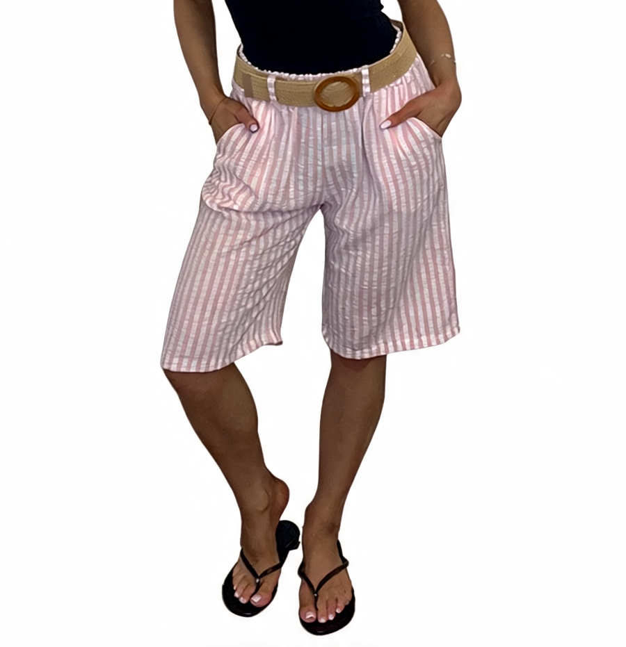 Striped High-Waist Culottes Seersucker Wide-Leg Bermuda Shorts with Woven Belt - Pink