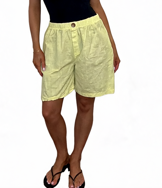 Linen-Look Elasticated Bermuda Shorts Casual High-Waist Summer Shorts with Pockets - Lemon