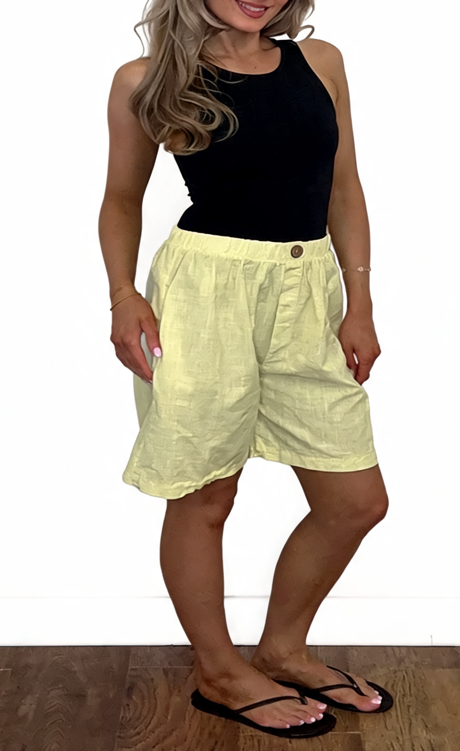 Linen-Look Elasticated Bermuda Shorts Casual High-Waist Summer Shorts with Pockets - Lemon