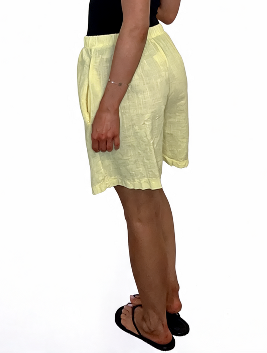 Linen-Look Elasticated Bermuda Shorts Casual High-Waist Summer Shorts with Pockets - Lemon