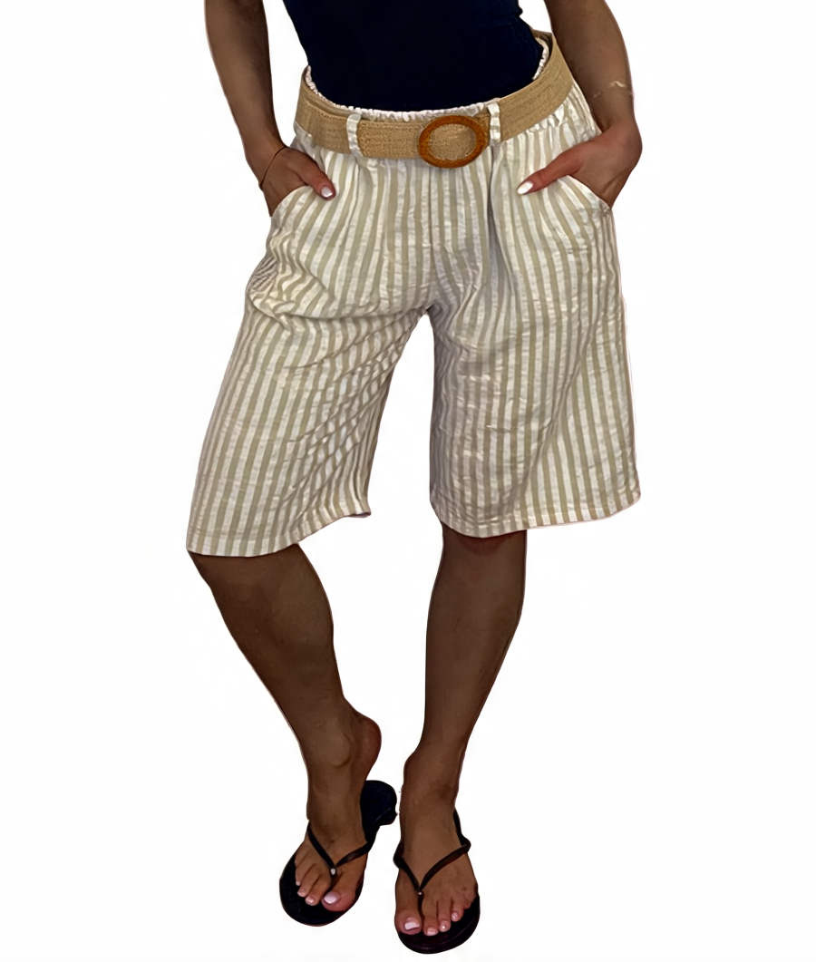 Striped High-Waist Culottes Seersucker Wide-Leg Bermuda Shorts with Woven Belt - Beige