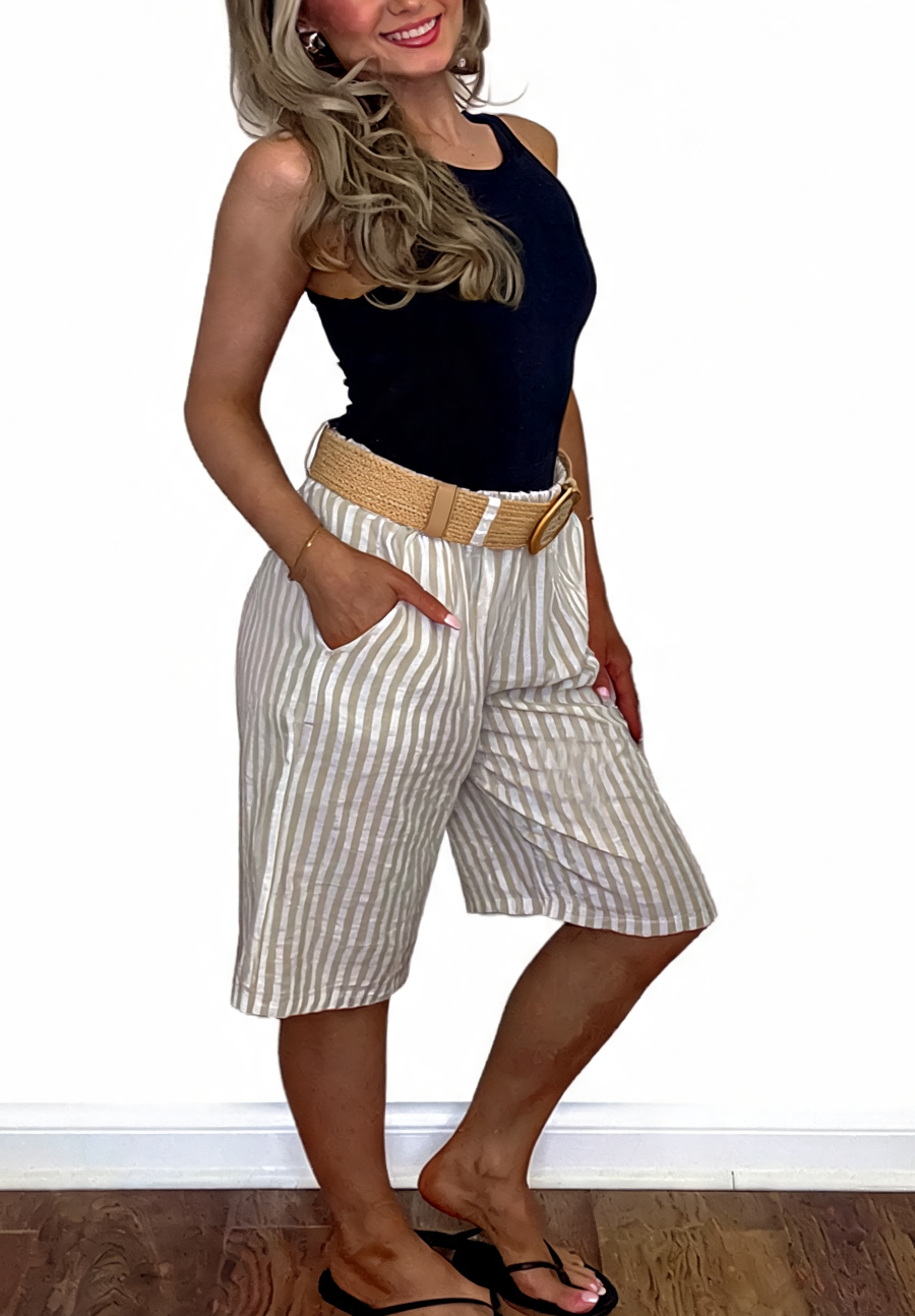 Striped High-Waist Culottes Seersucker Wide-Leg Bermuda Shorts with Woven Belt - Beige