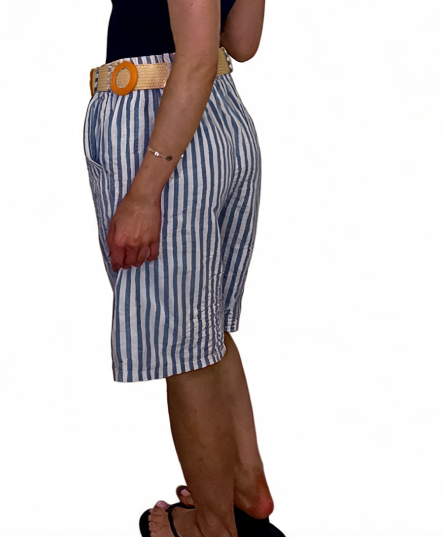 Striped High-Waist Culottes Seersucker Wide-Leg Bermuda Shorts with Woven Belt - Navy