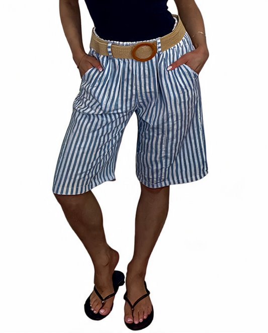 Navy striped seersucker bermuda shorts with high waist, wide legs, woven tan belt