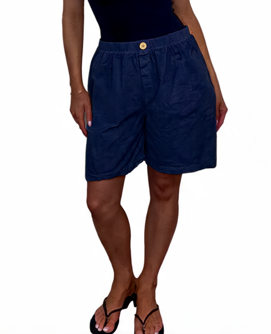 Linen-Look Elasticated Bermuda Shorts Casual High-Waist Summer Shorts with Pockets - Navy