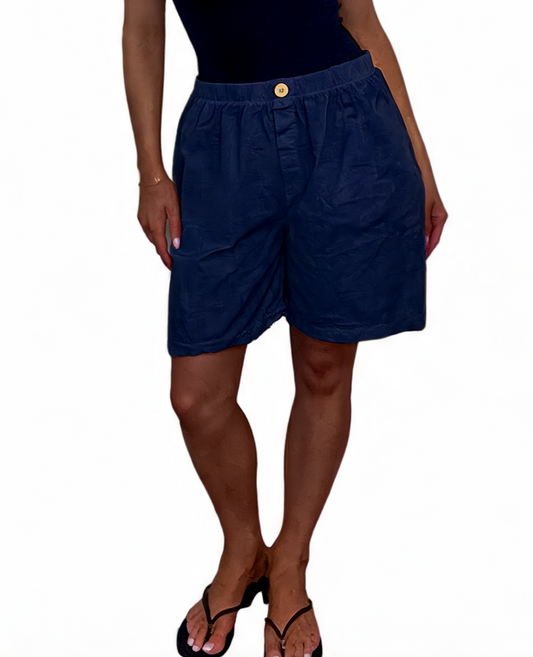 Linen-Look Elasticated Bermuda Shorts Casual High-Waist Summer Shorts with Pockets - Navy
