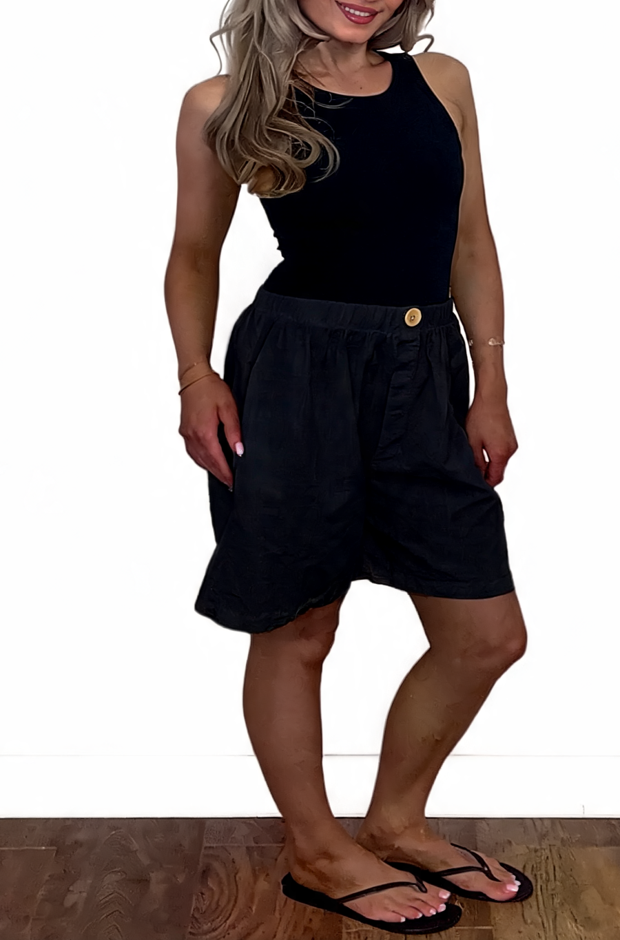Linen-Look Elasticated Bermuda Shorts Casual High-Waist Summer Shorts with Pockets - Black