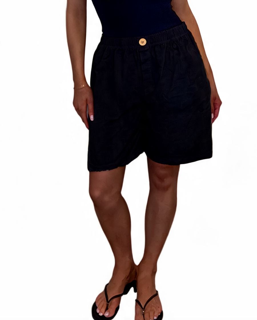 Linen-Look Elasticated Bermuda Shorts Casual High-Waist Summer Shorts with Pockets - Black