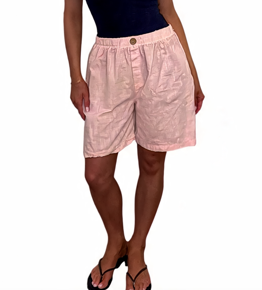 Linen-Look Elasticated Bermuda Shorts Casual High-Waist Summer Shorts with Pockets - Pink