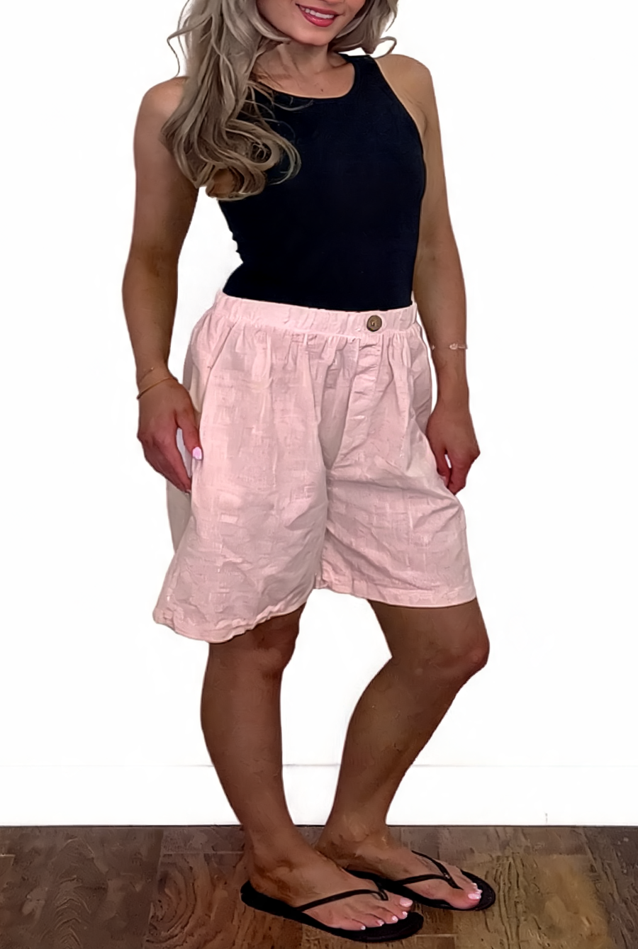 Linen-Look Elasticated Bermuda Shorts Casual High-Waist Summer Shorts with Pockets - Pink