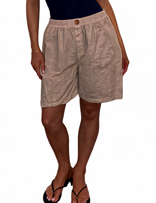 Linen-Look Elasticated Bermuda Shorts Casual High-Waist Summer Shorts with Pockets - Taupe