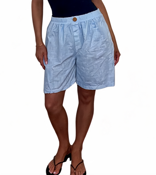Linen-Look Elasticated Bermuda Shorts Casual High-Waist Summer Shorts with Pockets - Sky Blue