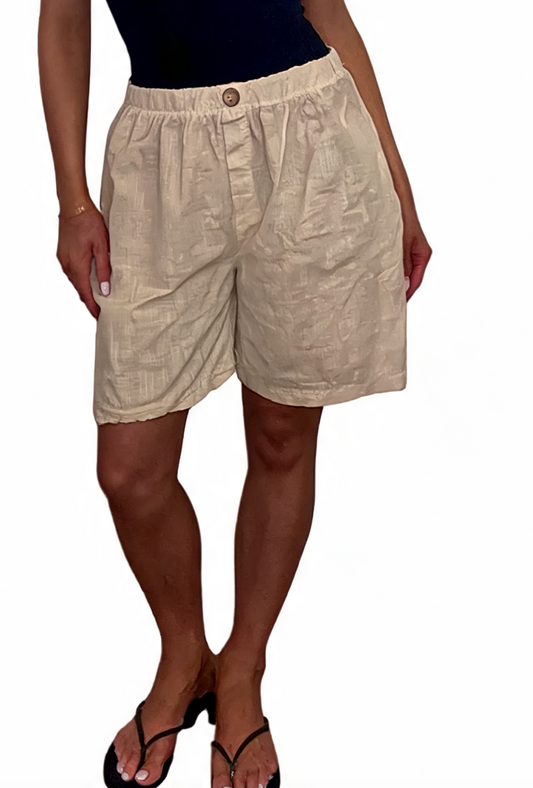 Linen-Look Elasticated Bermuda Shorts Casual High-Waist Summer Shorts with Pockets - Beige