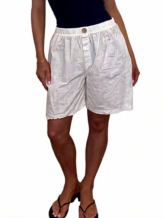 Linen-Look Elasticated Bermuda Shorts Casual High-Waist Summer Shorts with Pockets - White