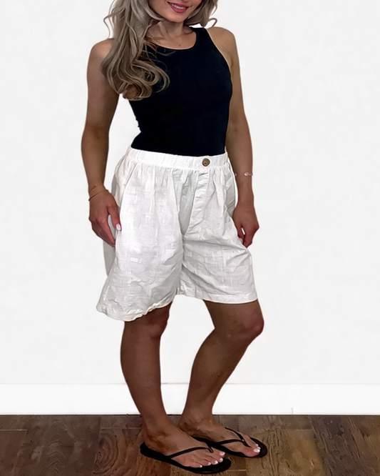 Linen-Look Elasticated Bermuda Shorts Casual High-Waist Summer Shorts with Pockets - White