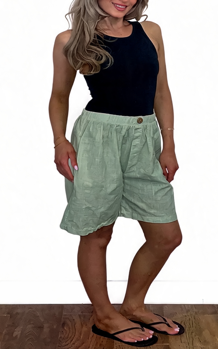 Linen-Look Elasticated Bermuda Shorts Casual High-Waist Summer Shorts with Pockets - Khaki