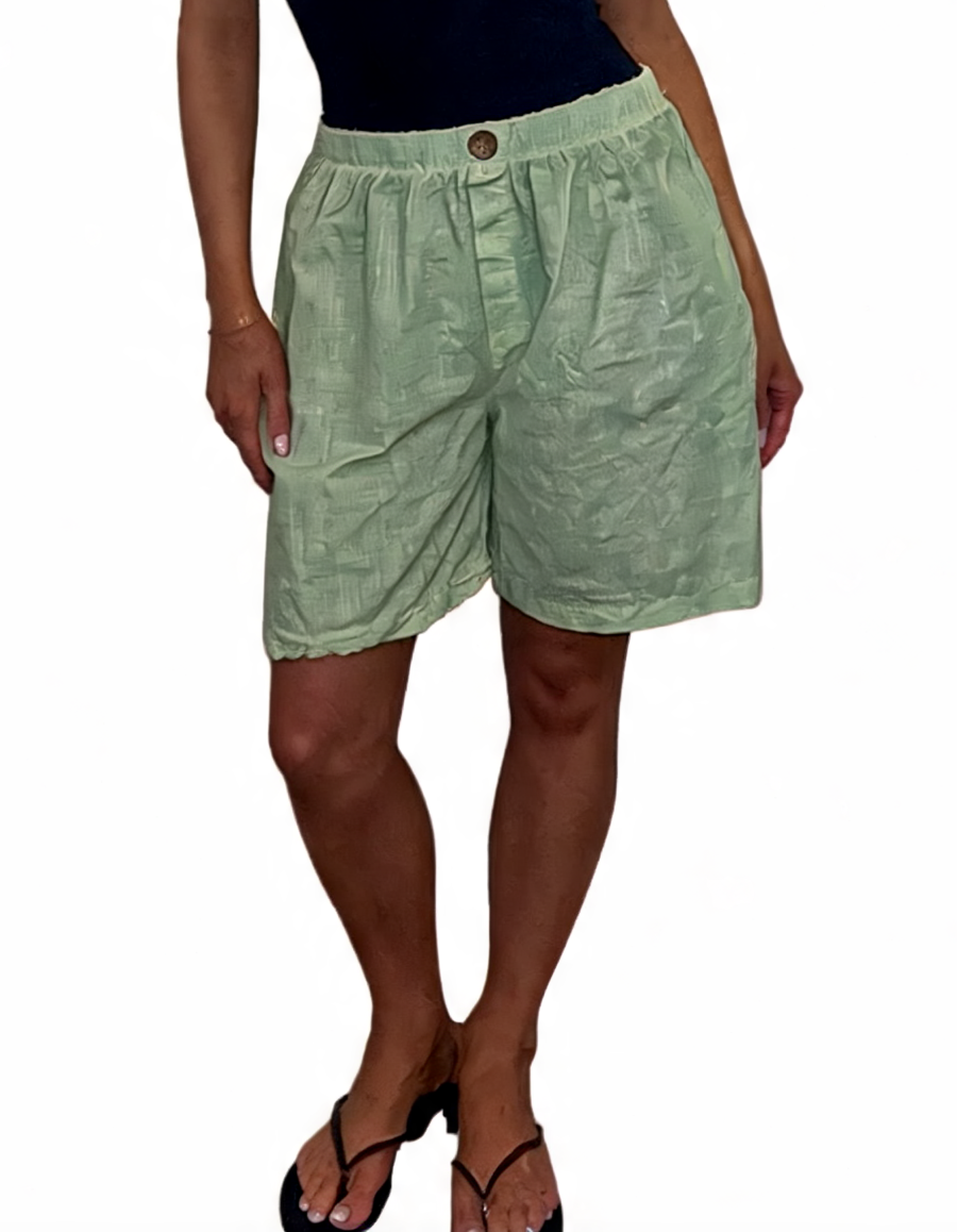 Linen-Look Elasticated Bermuda Shorts Casual High-Waist Summer Shorts with Pockets - Khaki