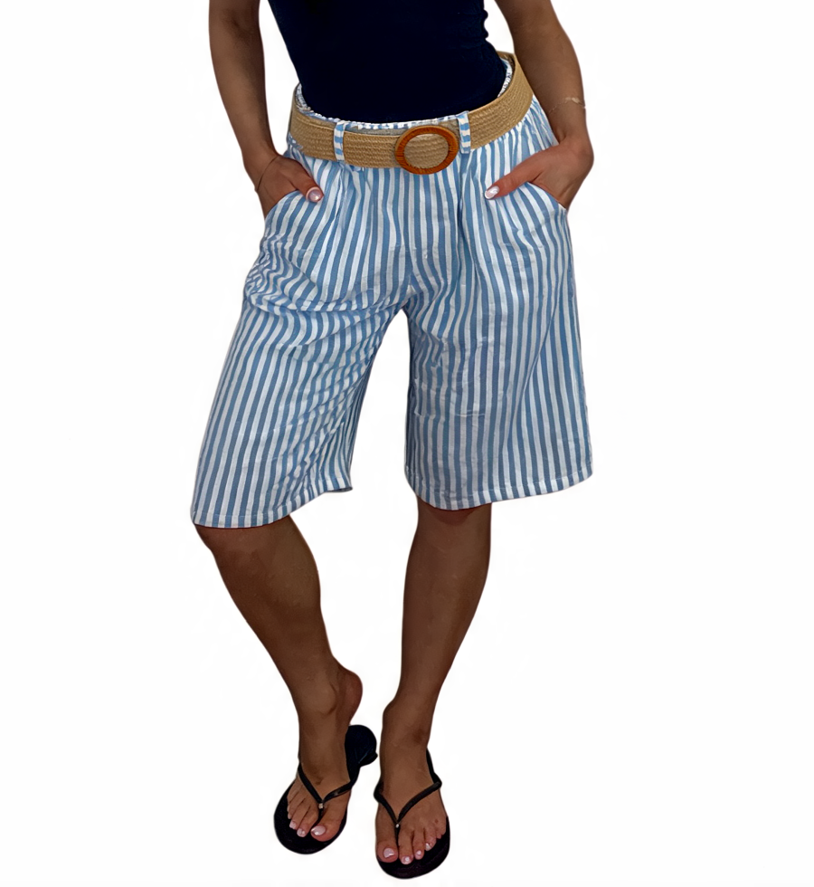 Striped High-Waist Culottes Seersucker Wide-Leg Bermuda Shorts with Woven Belt - Royal Blue