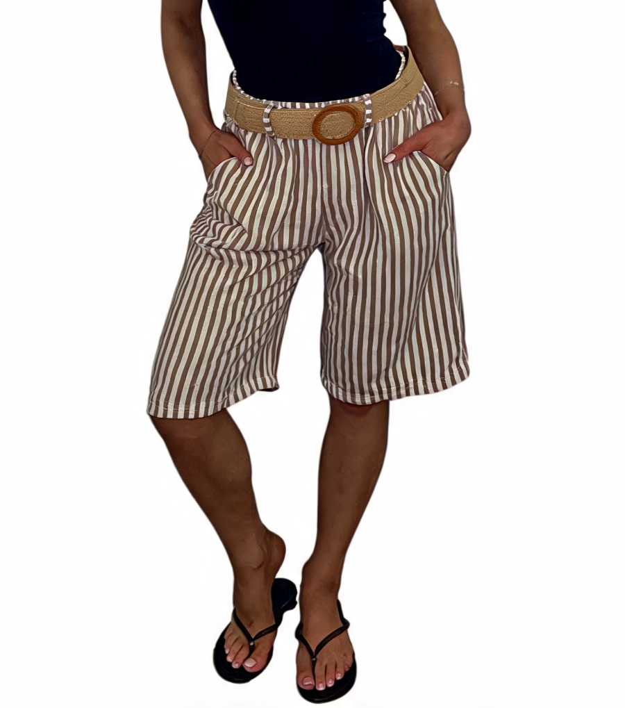 Striped High-Waist Culottes Seersucker Wide-Leg Bermuda Shorts with Woven Belt - Chocolate
