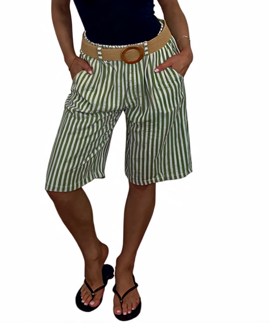 Striped High-Waist Culottes Seersucker Wide-Leg Bermuda Shorts with Woven Belt - Khaki