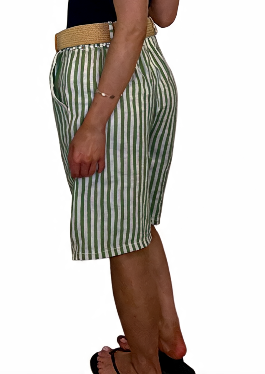 Striped High-Waist Culottes Seersucker Wide-Leg Bermuda Shorts with Woven Belt - Khaki