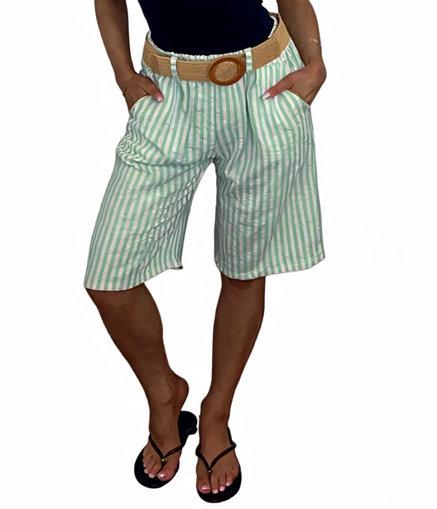 Striped High-Waist Culottes Seersucker Wide-Leg Bermuda Shorts with Woven Belt - Lime