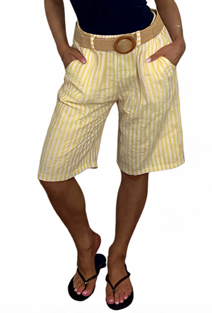 Striped High-Waist Culottes Seersucker Wide-Leg Bermuda Shorts with Woven Belt - Lemon