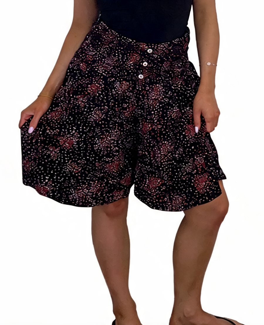 Abstract Floral Print Button-Front Flowy Shorts - Black - Red
