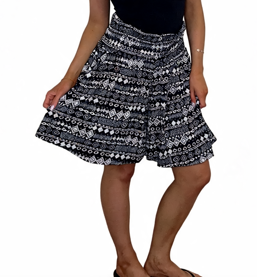 Aztec Tribal Print High-Waisted Flowy Shorts - Black