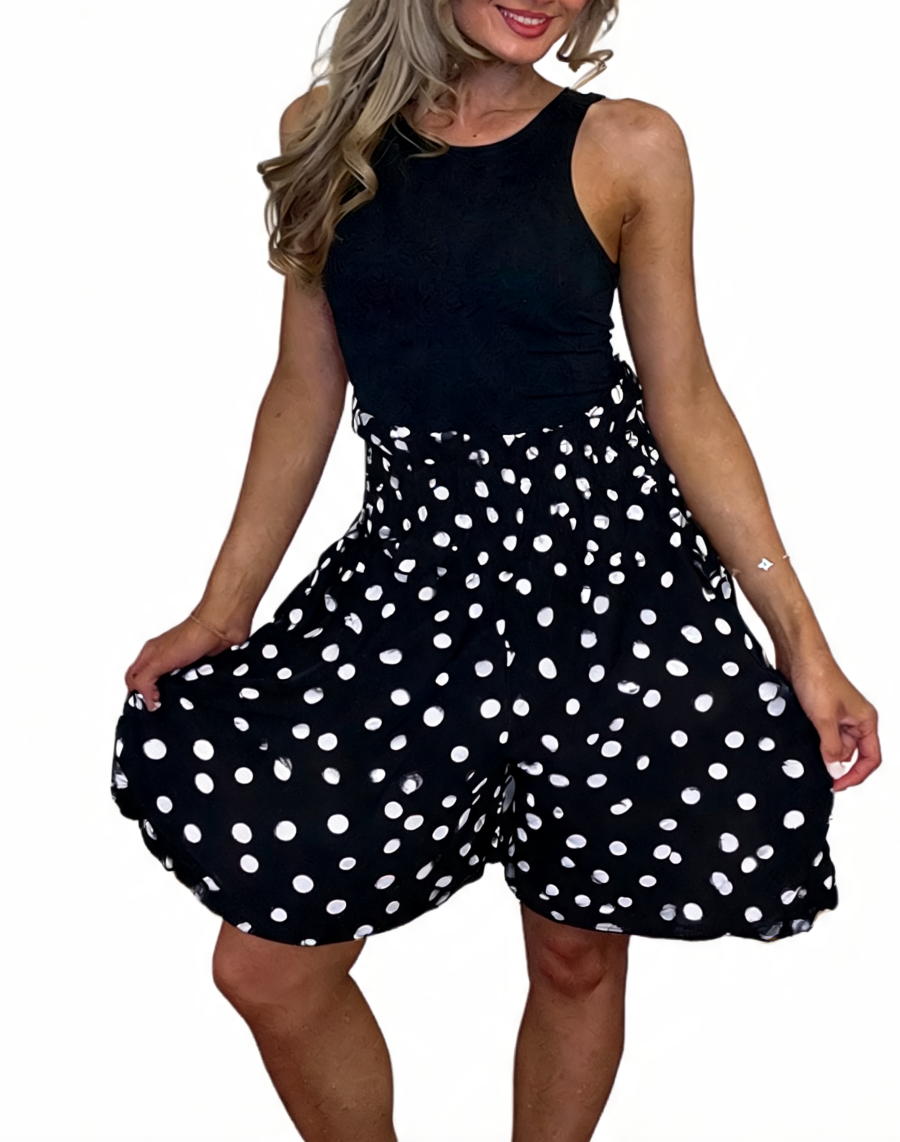 Polka Dot Print High-Waisted Flowy Shorts - Black
