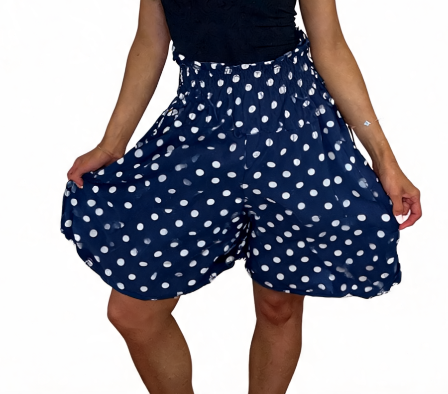 Polka Dot Print High-Waisted Flowy Shorts - Navy