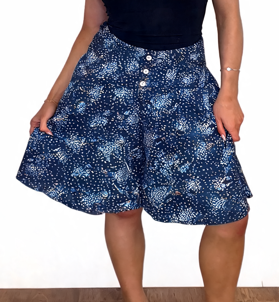 Abstract Floral Print Button-Front Flowy Shorts - Black - Blue