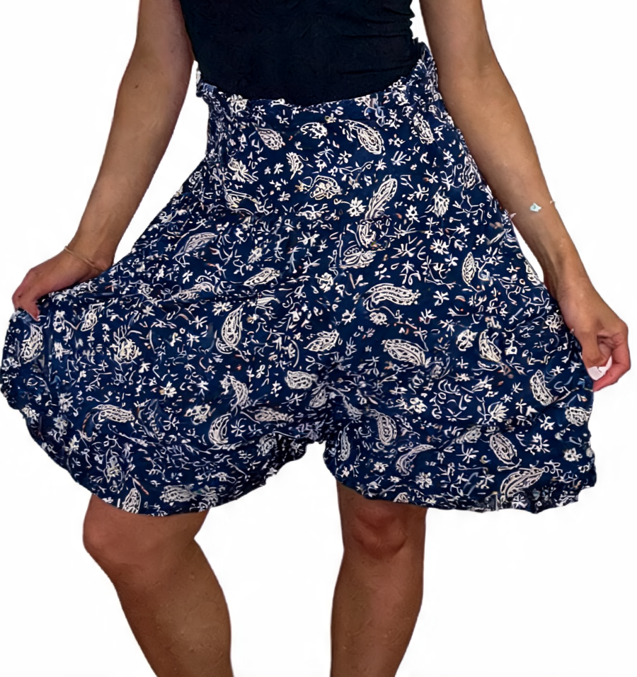Paisley Floral Print High-Waisted Flowy Shorts- Navy