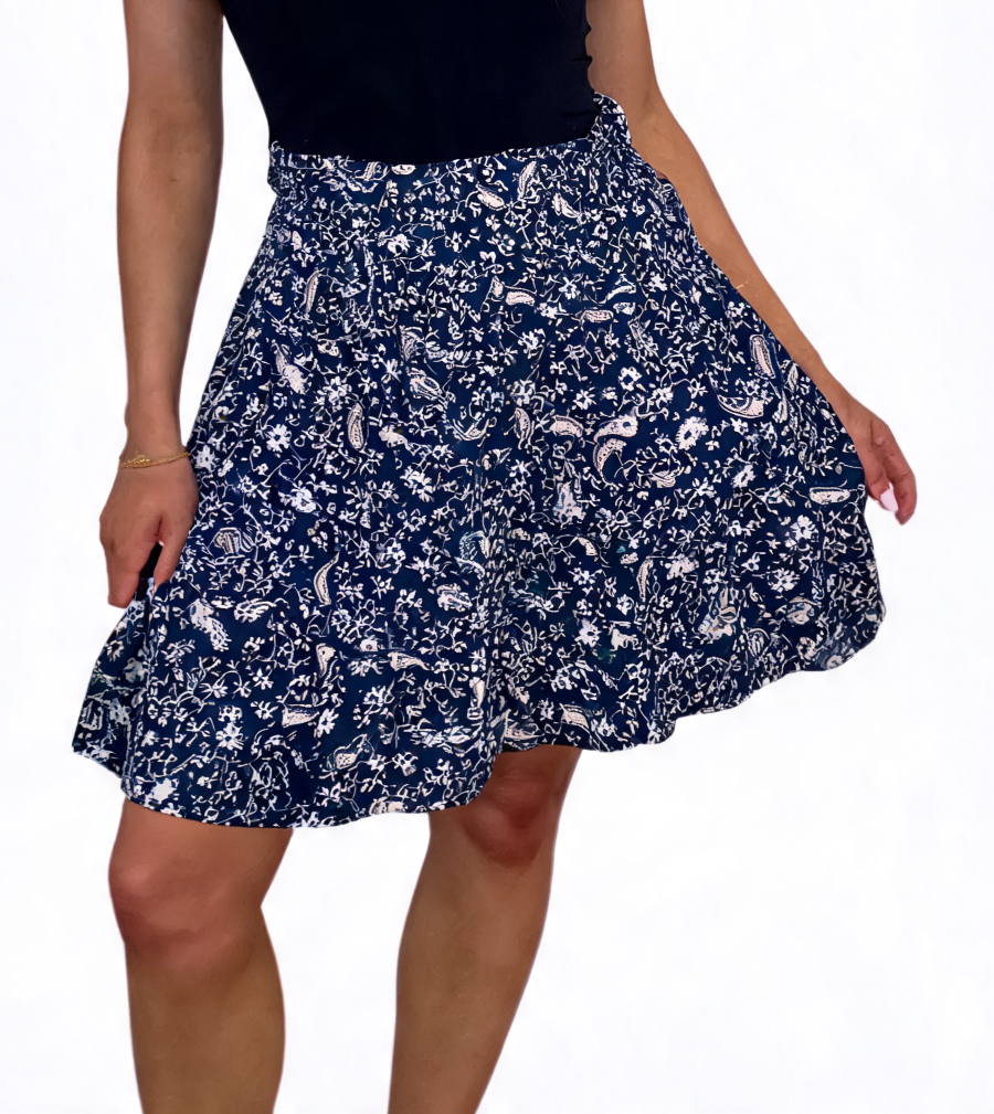 Paisley Floral Print High-Waisted Flowy Shorts- Navy