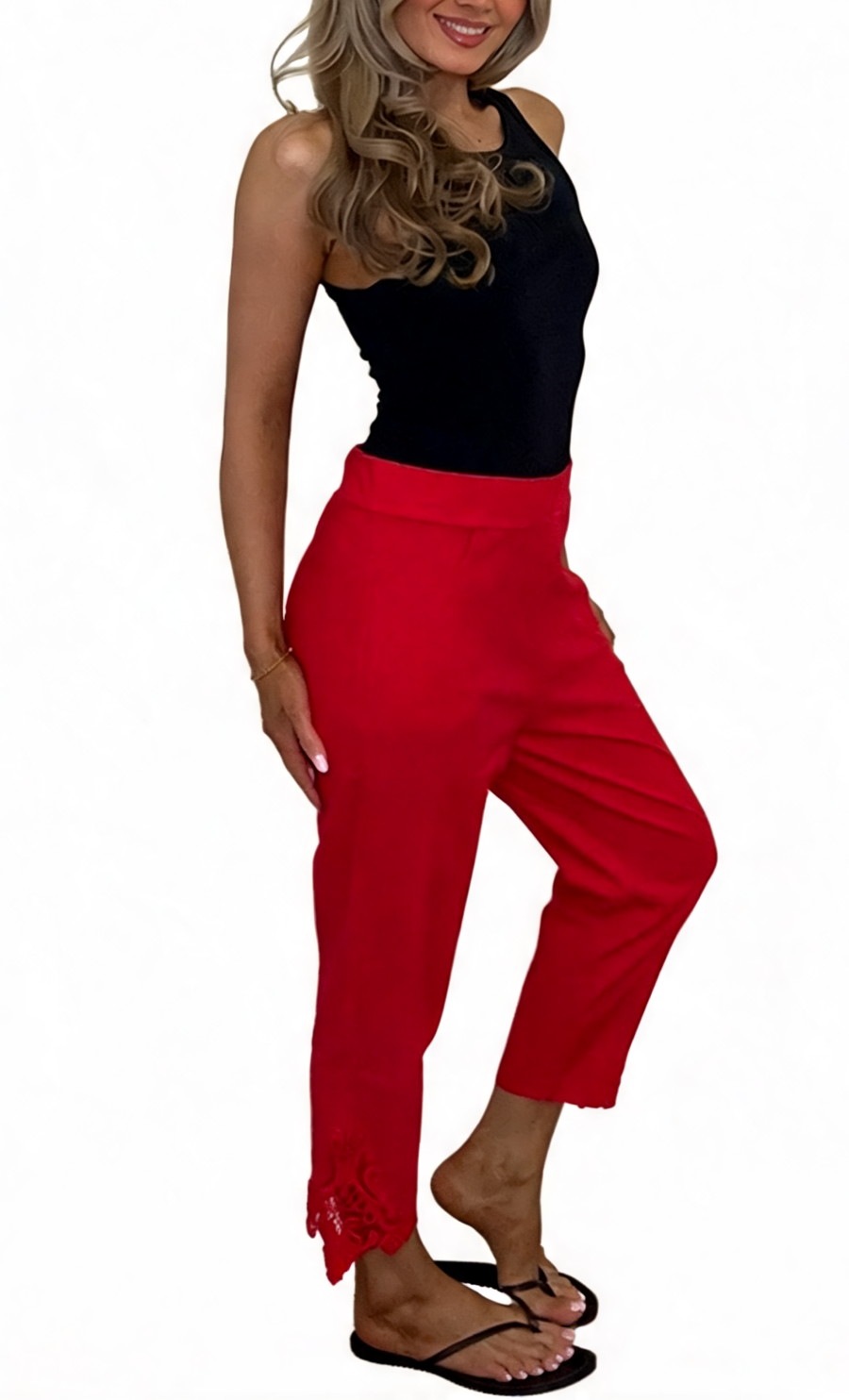 High-Waisted Tapered Trousers with Crochet Lace Hem - Red