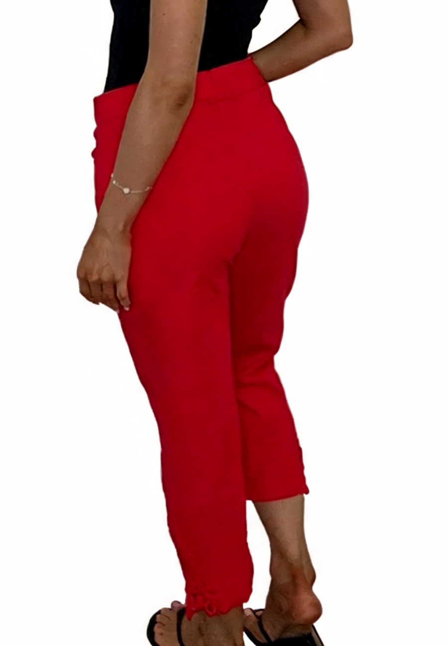 High-Waisted Tapered Trousers with Crochet Lace Hem - Red
