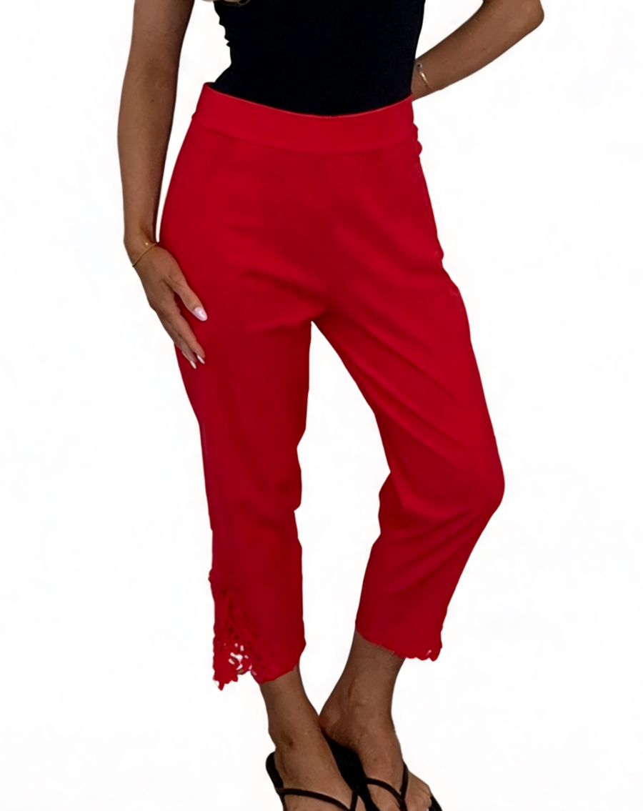 High-Waisted Tapered Trousers with Crochet Lace Hem - Red