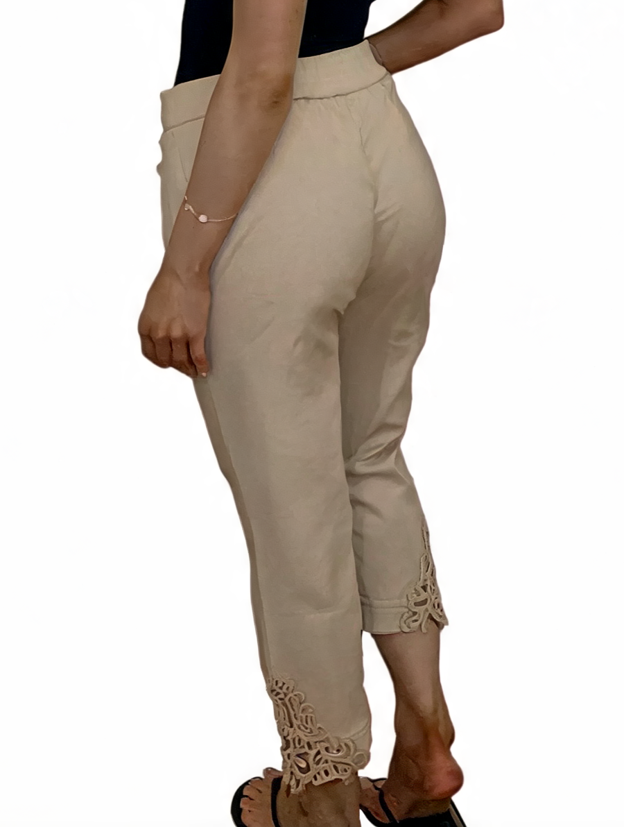High-Waisted Tapered Trousers with Crochet Lace Hem - Beige