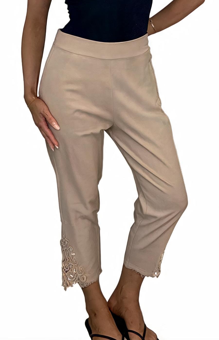 High-Waisted Tapered Trousers with Crochet Lace Hem - Beige
